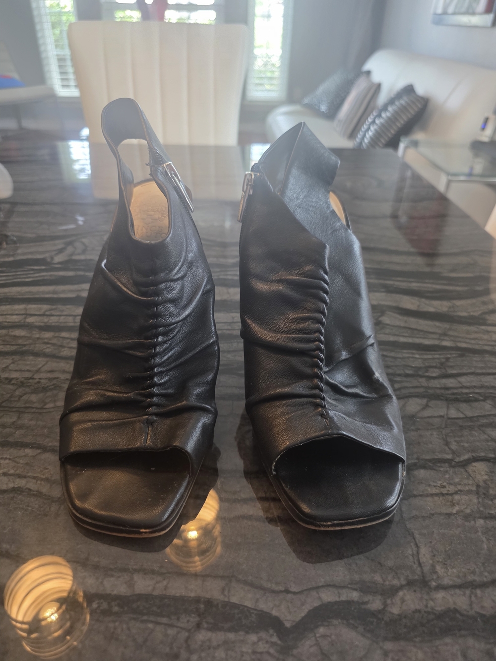 Vince Camuto Black Ruched Open-Toe Slingback Heels